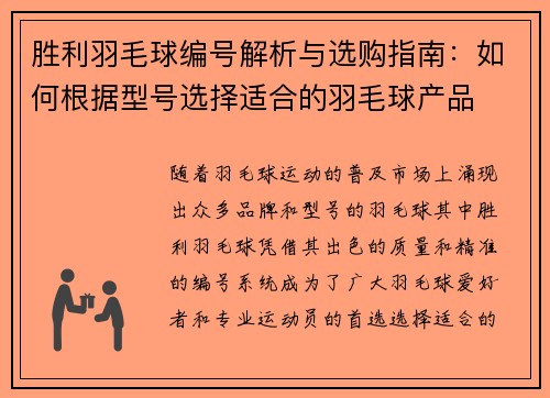 胜利羽毛球编号解析与选购指南：如何根据型号选择适合的羽毛球产品